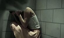 Uma mulher pequena com seios pequenos recebe uma gozada facial em um ambiente de prisão